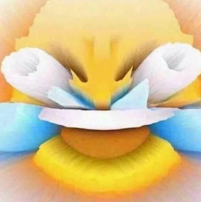 Original surreal yellow character laughing with bright blue tears
