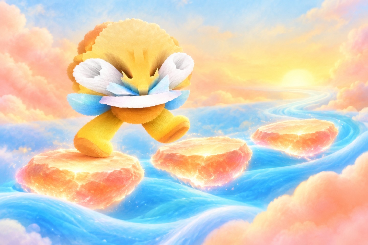 EMBERLMAO crossing three glowing stones above blue waves
